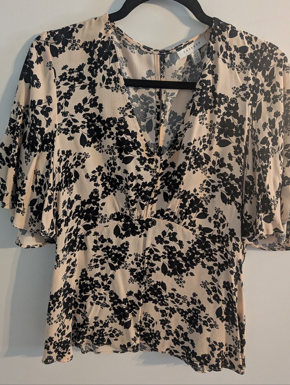 Topshop Black Floral V-Neck Blouse on Cream